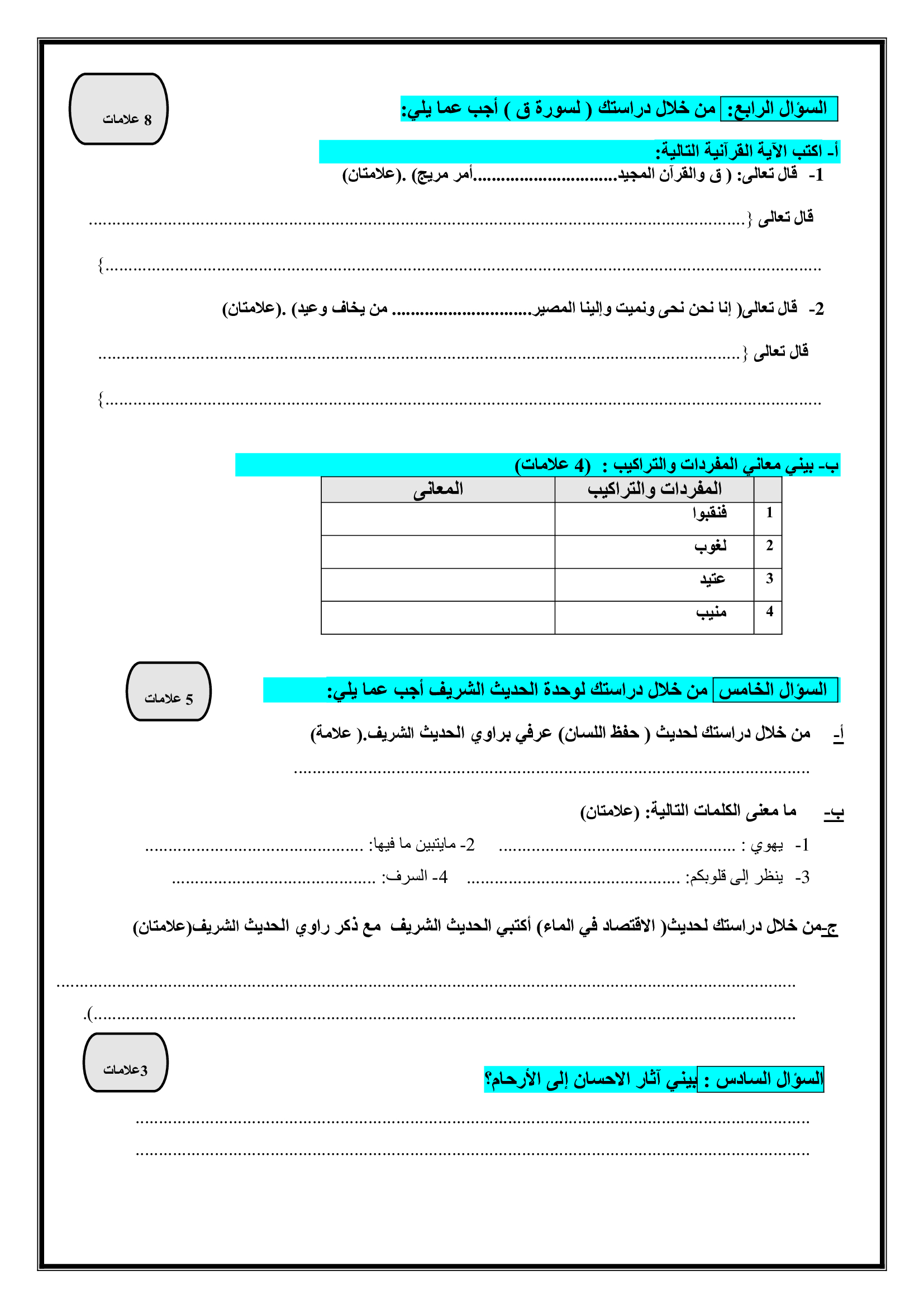 MjU5Mjg3MQ8282صور و وورد امتحان تربية اسلامية نهائي للصف السابع الفصل الاول 2018-1